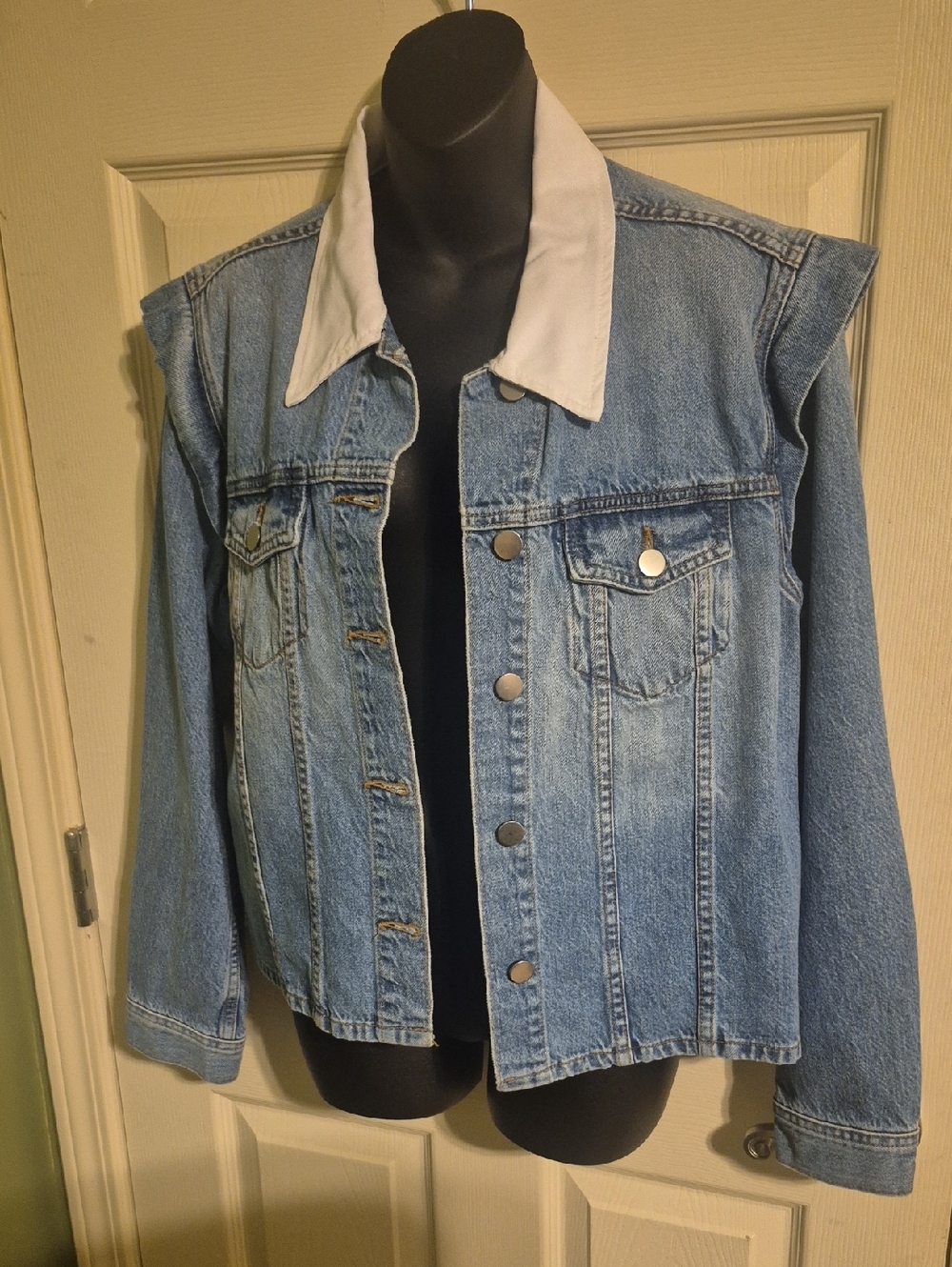 Women's Light Blue Denim Jacket with White Collar